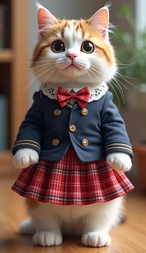 " A realistic and cute cat standing on its back legs ,  face the front, she; Im wearing a dark blue blazer and a red plaid skirt. I have a bow with the same pattern as the skirt on my chest .  cats have soft fur mixed with white and light brown spots. Enha...