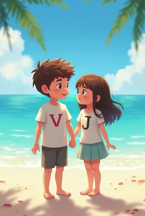 Two Coples in a beach.  Letter V in Boys T-Shirt. Letter J in girls T shirt 