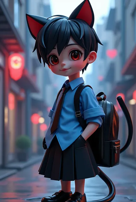   Boy in his early teens、vampire、Petite、  black hair、 split in the center 、Cat ears、Tail、  blue shirt、black tie、Shiny black gloves、スカート、 carry a shiny black elementary school backpack、3d