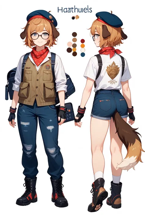 full body, femboy, fully clothed, An illustration, (masterpiece、最high quality、high quality), pure white background, Character design, Character sheet, Floppy dog ears with soft fur texture, a small bow on one ear. A small beret tilted jauntily to one side....