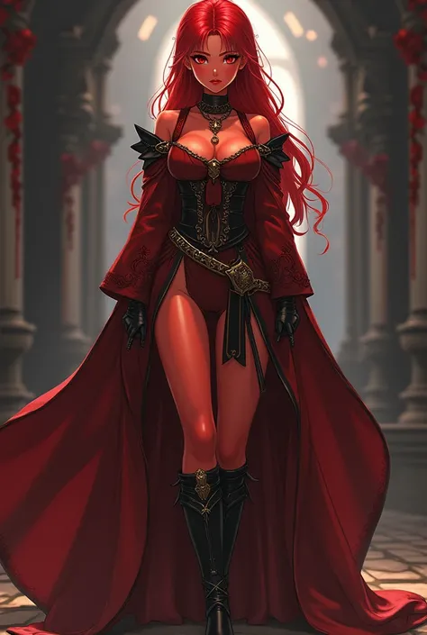 Amine style. Girl with red skin tone. Brown medieval robes. Black boots and gloves. Bcup breasts. Young woman. 