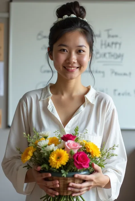 there is a woman holding a bowl of flowers in front of a whiteboard, student, nivanh chanthara, in style of thawan duchanee, full subject shown in photo, thawan duchanee, teacher, full - view, happy birthday, hight decorated, with flowers, photo taken in 2...