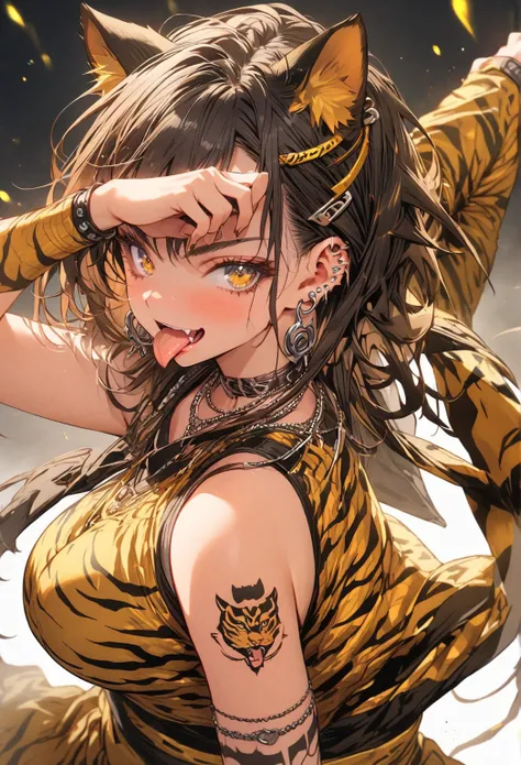 Yellow and black, Tiger pattern, tongue, Gal, Earrings, Tattoo, Cat Pose, large breasts