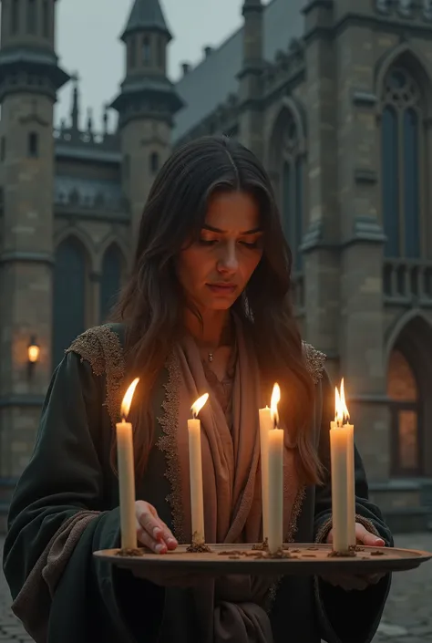 Ultra Realistic photography, A sad woman lighting the 5 candles. In front of a church 