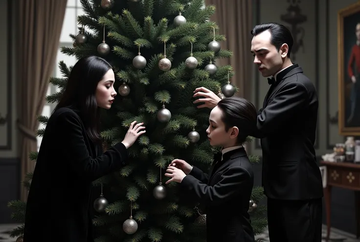 dark, full-length, a family of four decorates a Christmas tree, Gomez Addams, Morticia Addams, Wednesday Addams, Pugsley Addams, dark shades, gothic style of clothing, high detail, hyperrealism, 4k