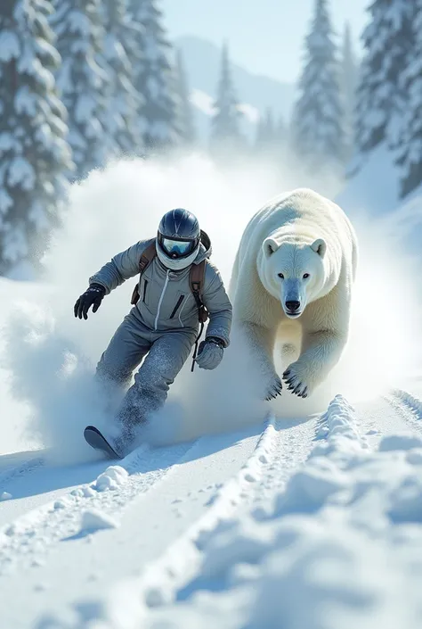 "A snow racer in a sleek, insulated suit skating at high speed down an icy mountain slope under a bright, clear sky. Beside him, a majestic white bear charges through the snow, its thick fur blending into the frosty landscape, both in perfect harmony as th...