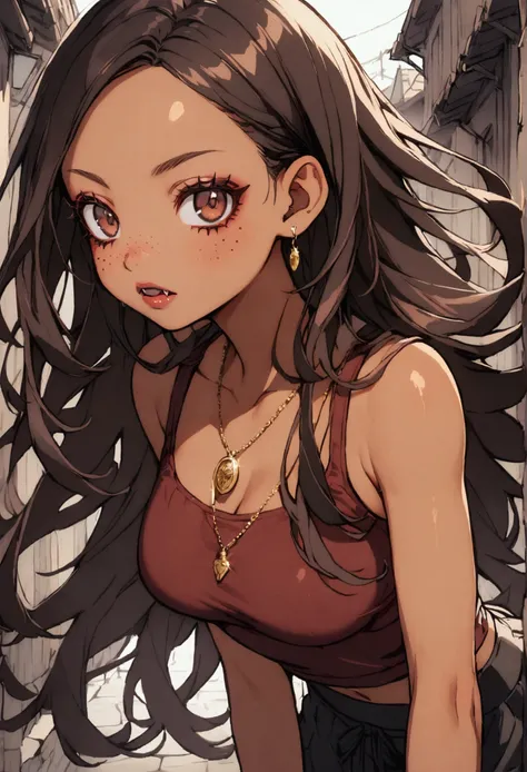 1girl, big doe brown eyes, black hair, long hair, skinny waist, medium breasts, tan skin, brown skin, a gold pendant, young, freckles, rosy lips, pretty eyelashes, calm, dark red tank top, vampire, fangs, black baggy sweatpants, 