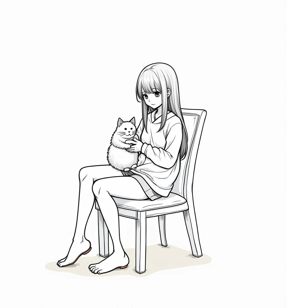  a drawing of a girl sitting on a chair with a cat, thick black lineart, thick line art, thick lineart, clean anime outlines, simple lineart, thick outlines, thick outline, holding a pudica pose, lineart, sketchy artstyle, heavy outlines, anime moe artstyl...