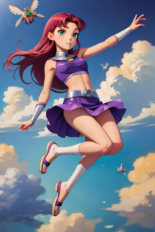 starfire, skirt, anime, 2d, cartoon, midriff, 1girl, solo,( flying:1.1),( floating:1.1), masterpiece, best quality, full body, legs and feet show, beautiful