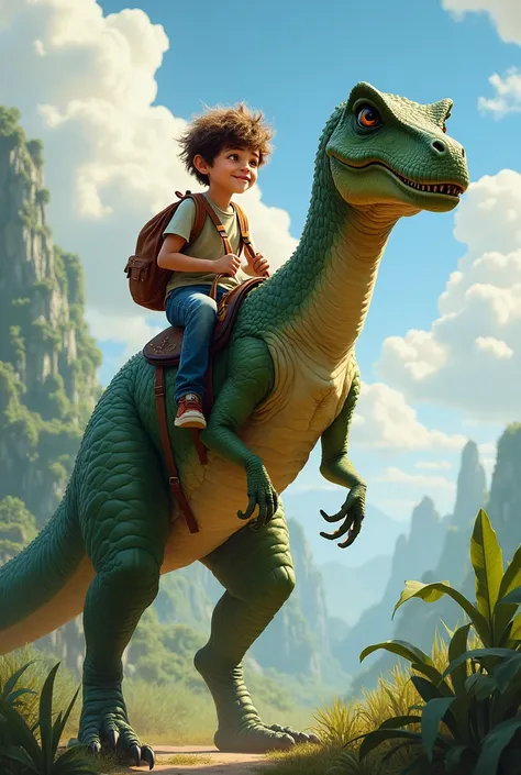 A boy rides a dinosaur and holds a book and a school bag