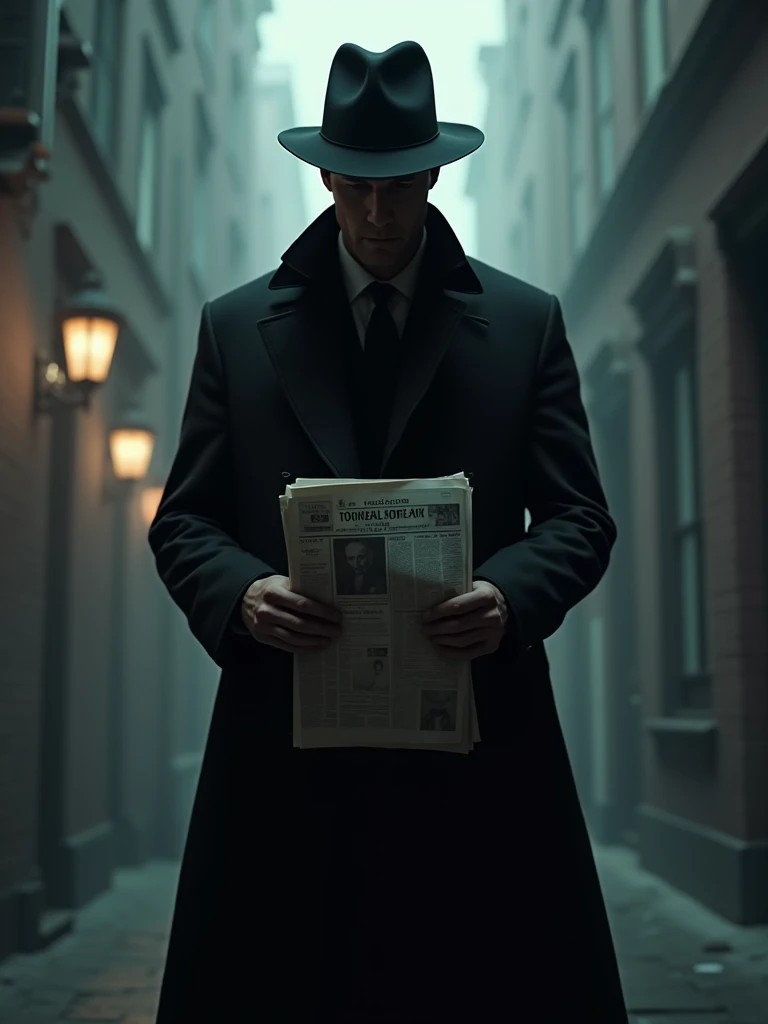 He is tall, dressed in a black hat and coat and holding a newspaper.