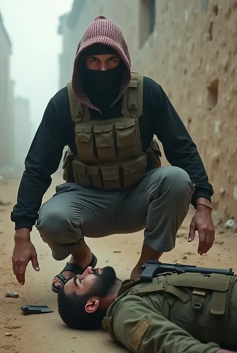 Anonymous masked man,Very small checkered hood with a combination of red and white,Black long sleeve casual t-shirt,Bulletproof vest,Army green soldier bag Gray 3/4 pants, flip flops,Warriors combat knife,The background of a damaged wall is typical of a Pa...