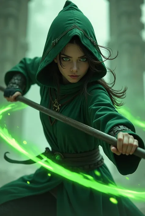 Jade in mid-combat, spinning her bo staff with green energy trails, her stance agile and precise, with a temple ruin in the background."
"A close-up of Jade’s face under her hood, her piercing eyes glowing faintly green, with an aura of mystery and power s...