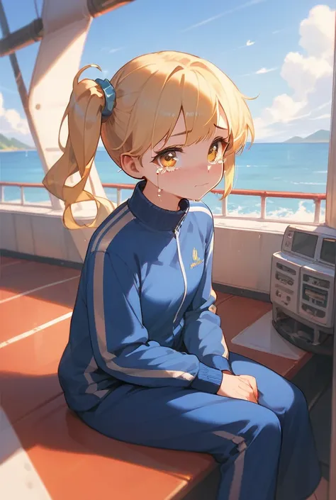 masterpiece, best quality, ultra detailed, a girl, crying, sitting, looking at viewer, side ponytail, blonde, golden eyes,track suit,on the ship, in the morning, cute, kawaii, anime