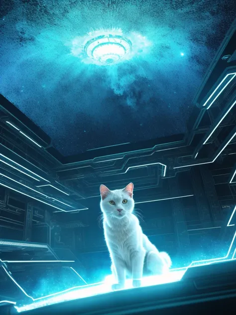 A close-up portrait of a white cat in a parallel universe, hyper detailed, cinematic, dramatic lighting, intricate sci-fi environment, neon lights, floating islands, alien architecture, glowing crystals, volumetric fog, futuristic, highly detailed, photore...