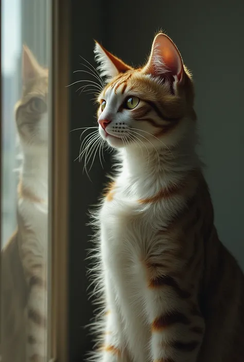 A beautiful cat with a super  beautiful man body is looking at him in the mirror.

