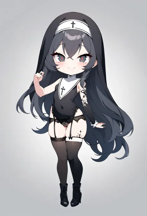  High Quality ,Perfectly shaped, detailed face , finely drawn eyes, analog illustration style,Full body painting,nun,Nun uniform, black hair,Jet Black Eyes,Trimmed long hair, high heel boots , garter belt, slit skirt,Deformed Right Arm,Asymmetrical arms, w...