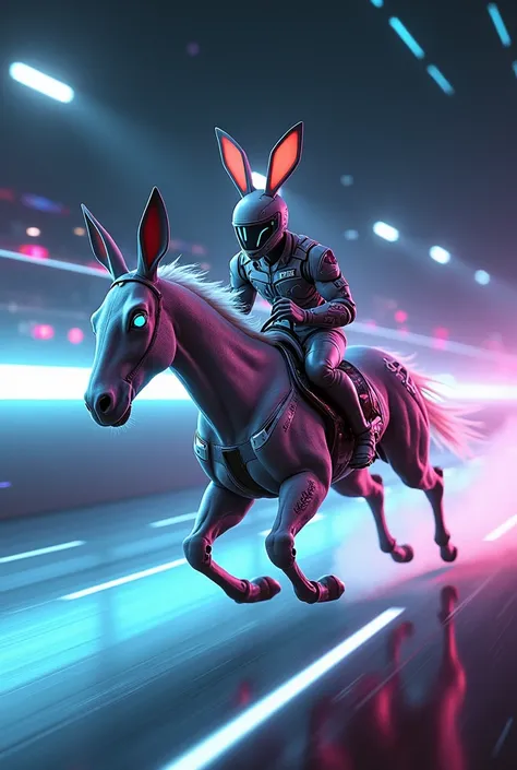 "A futuristic hybrid figure blending the strength of a horse racing man and the agility of a rabbit. The character has a humanoid upper body in a sleek, aerodynamic racing suit with rabbit-like ears protruding from the helmet, glowing eyes, and nimble, fur...