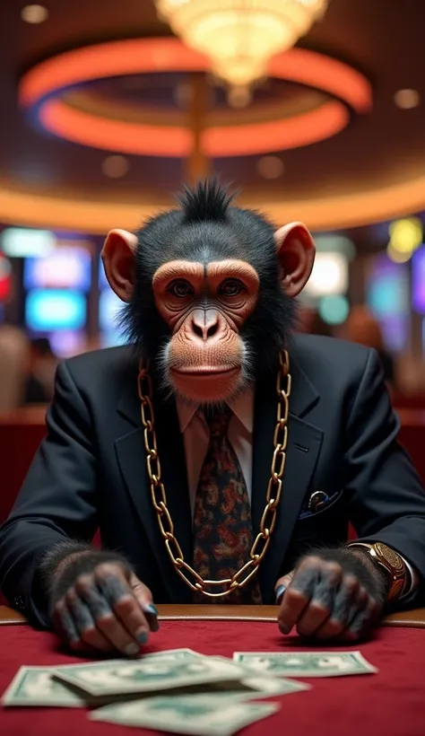  Photo of a monkey at a casino table with a chain around his neck with the text "Agent Kong ",  and on top of it a logo with the text  "Manage",  and with iPhone 15 pro max and money in his hand .