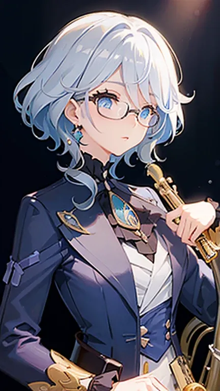 masterpiece, best quality, illustration, Saxophone blue hair, Platinum Earrings, Platinum Necklace, button up shirts, Not showing breasts，1 girl, Lovely, (dynamic lighting:1.2), Cinema lighting, Exquisite facial features, Delicate blue eyes, Wear half-rimm...