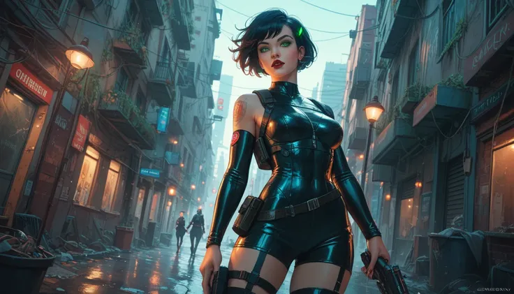 wide angle, 18+ Figures, A vampire with sharp green eyes, short dark hair, and a cybernetic jaw that glows faintly, She wears a tactical leather outfit with glowing circuitry, She lurks under a flickering streetlamp in a deserted futuristic urban alley.
