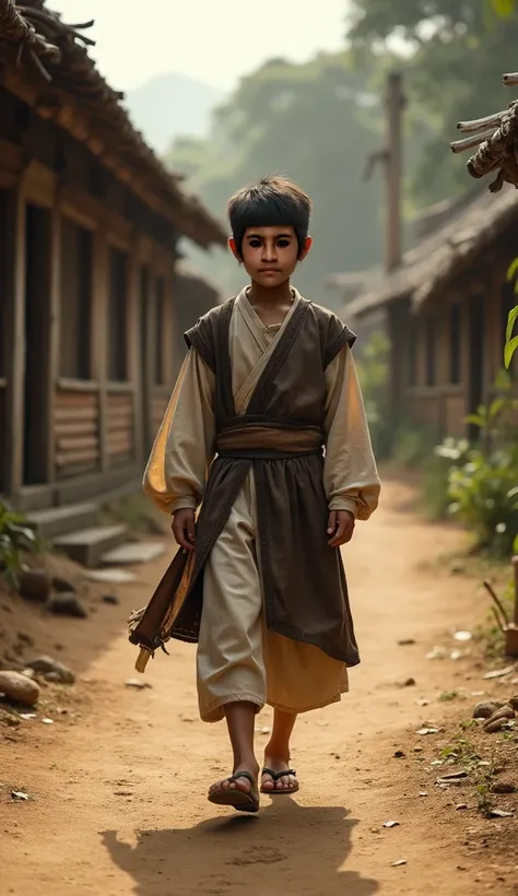 (highest quality, 8K, 32k, masterpiece, UHD: 1.2), ((perfect anatomy)), (photorealistic: 1.2), (sharp focus), Soft light, A handsome white Indonesian boy of  is walking in an ancient village, he is dressed in an old school in 1800