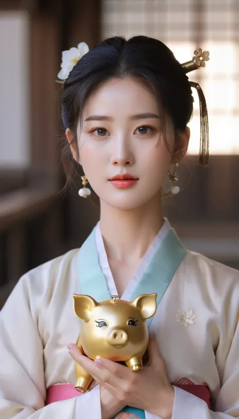 A beautiful woman with exquisite, detailed eyes, perfect facial features, a masterpiece, best quality, wet, glowing skin, glossy skin, excellent quality, complex details, earrings, ray tracing, (semi-transparent:1.3) Inside a traditional Korean building, a...