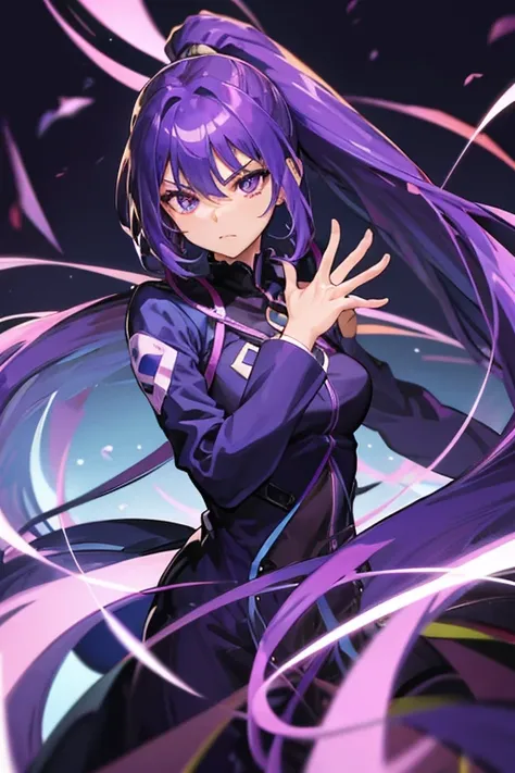 Blue-purple hair, Ridiculously long hair, Hair between the eyes, High Ponytail, purple eyespurple suit, Anime Color,