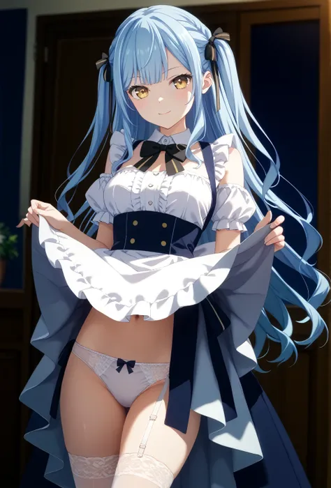  1 girl、One person、Togawa Sakiko 、 long hair、 blue hair、 yellow eyes、 black ribbon、 hair bow、 two side up 、bangs、 cute smile、 standing with various breasts 、 bow tie、Maid、Frills、Mid-chest、Maidの頭飾り、 top quality 、masterpiece、 white panties
