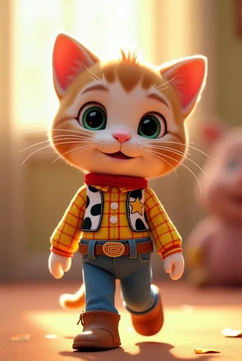 kitten 、(    Im wearing Jesses costume from Toy Story        )、         cute background、Stand and walk、           raise your hand、        3d illustration style            、8k、            Im walking through the Toy Story world      