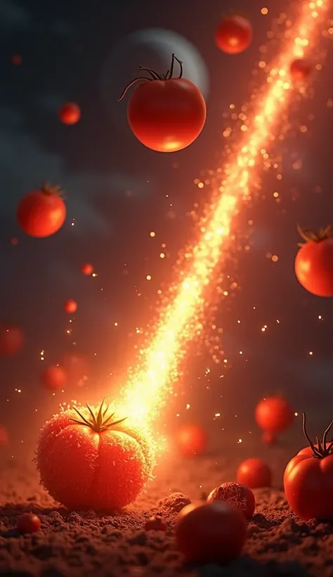 Scene 4: Tomato Meteor Shower

Picture Idea: A dramatic scene of glowing, fiery tomatoes streaking across the dark sky like meteors, with a planet or moon in the background