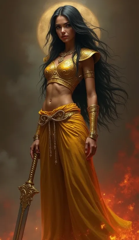 This stunning digital painting portrays a captivating female warrior figure. She stands tall and confident, dressed in luxurious attire crafted from bronze and gold, accentuating her strong and alluring physique. The upper part of her outfit is adorned wit...