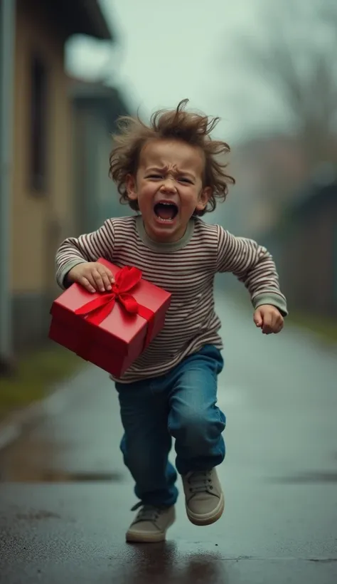 A  wearing a striped shirt, blue denim pants and sneakers running scared and crying. He is carrying a red gift tied with a ribbon. hyperrealistic, Angry atmosphere, Overcast Lighting, Split Complementary Palette, Low Angle, Worms-eye view shot, Renaissance...