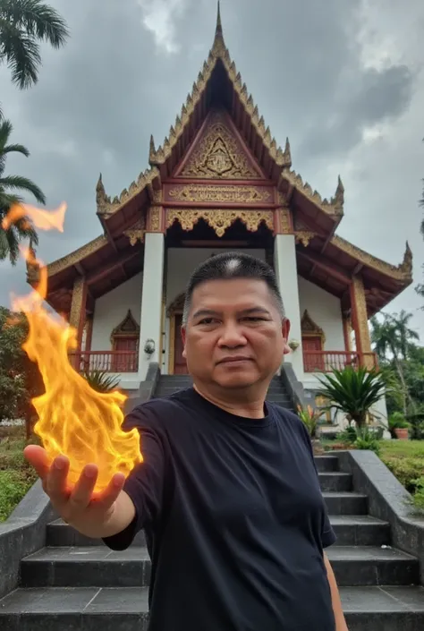 Outside Thai Temple: A 45-year-old Thai man, set against a stormy background of the sky, stands gracefully at the entrance of a beautiful Thai temple. His figure is framed by a high-pitched peak that seems to penetrate the turbulent clouds above, creating ...