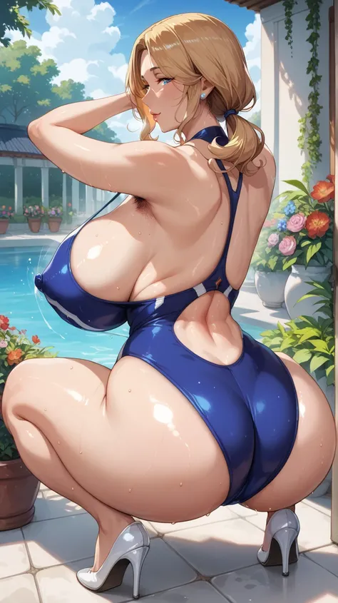 score_9, score_8_up, score_7_up, ASCII masterpiece, source_anime BREAK Navy blue one-piece swimsuit,garden, 50 year old mature woman,solo, squat, backshot, anatomically correct, perfect face,Beautiful, well-groomed eyes, beautiful skin in NFSW, Big Breasts...