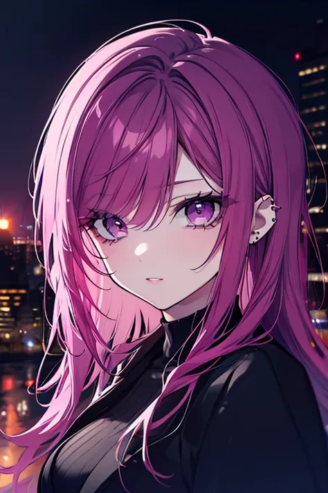 a beautiful woman with pink, purple, and burgundy hair, long hair, suit, night cityscape, combat scene, armed, piercing, cool girl, high quality, 8k, photorealistic, masterpiece, detailed face, beautiful detailed eyes, beautiful detailed lips, extremely de...