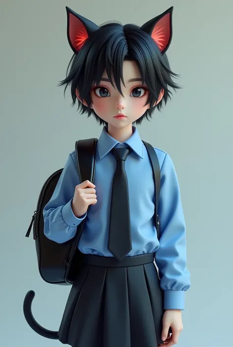   Boy in his early teens、vampire、Petite、  black hair、 split in the center 、Cat ears、Tail、  blue shirt、black tie、スカート、 carry a shiny black elementary school backpack、3d