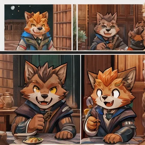 masterpiece, high res, top quality 、 (One々A comic where a cute werewolf makes you happy with 4 scenes)