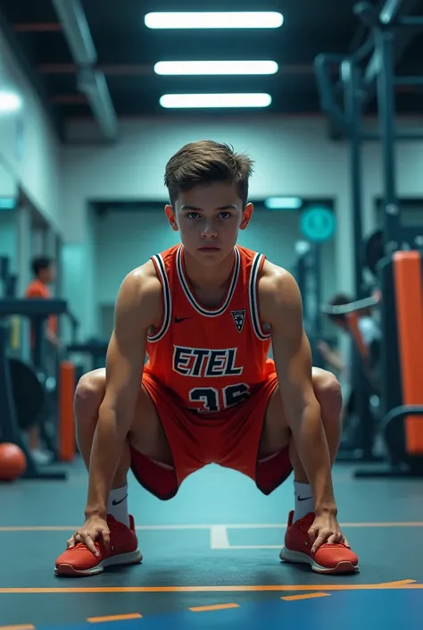 A  boy wearing a basketball jersey ,  training at the Etel gym doing squats