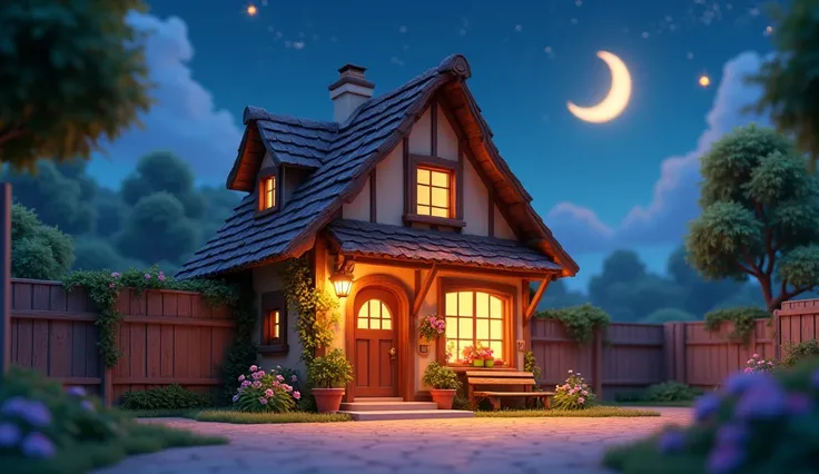 A villages little house with boundry wall with gate,outside image in night,3d pixar cartoon