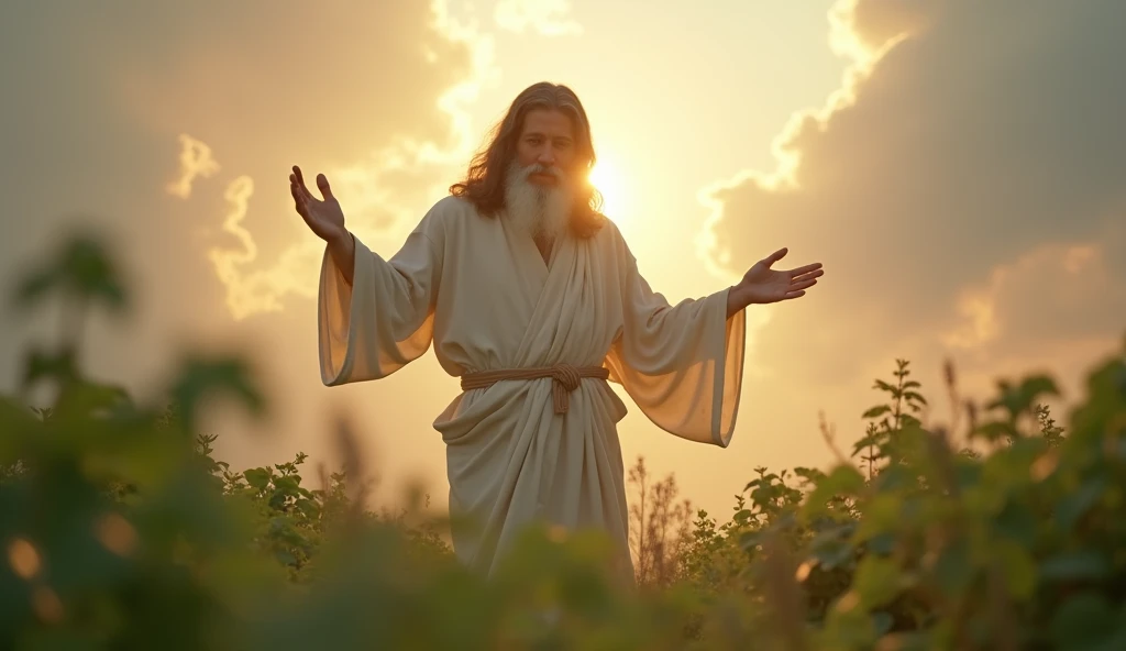 Create an ultra-realistic image of Jesus, with long hair and a white beard, emerging from the clouds and a beam of light coming out of his hands that falls on a young 20-year-old prophet. In the background there is a vegetable patch, blur the background; u...