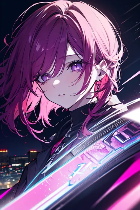 a beautiful woman with pink purple and burgundy hair, long hair, suit, night city skyline, combat scene, earrings, cool girl, rooftop, city center, (best quality,4k,8k,highres,masterpiece:1.2),ultra-detailed,(realistic,photorealistic,photo-realistic:1.37),...