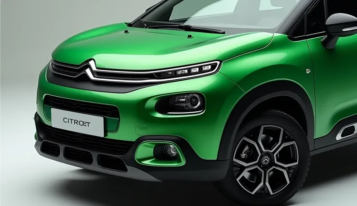 A stunning and sleek close  front view of the 2025 Citroen C3 Aircross  pea green color  showcased HIGH QUALITY IMAGEs 