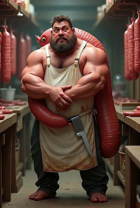 a male pork butcher hugged from behind by a humanlike salami