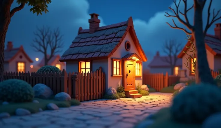 A villages little house with boundry wall with gate,outside image in night,close up ,3d pixar cartoon