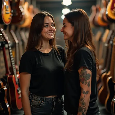 High definition image 20-year-old brunette woman with bulky breasts has a tattoo on her arm daytime image she wears a simple black t-shirt large and loose pants black jeans light and shade in her clothes she has a friend choosing an electric guitar they ar...