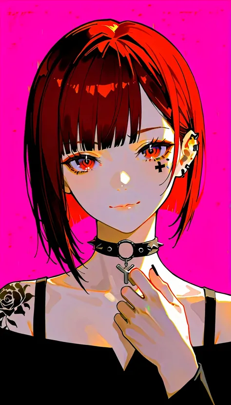  anime girl image:1.4,  a close up of a woman with tattoos on her face and body  ,  The bangs reach the eyebrows  ,  squinting eyes,  with long false eyelashes  ,  the head tilted slightly upwards  , With several piercings ;1,3 ,  wears black leather cloth...