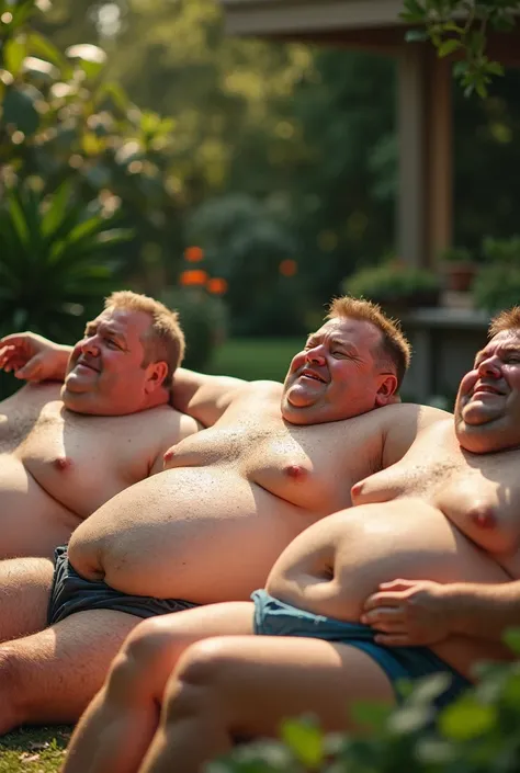  A group of 5 attractive overweight big fat men in their mid-50s are lying in the garden and relaxing.   The men are almost completely naked  ,  while they are lying in the sun  