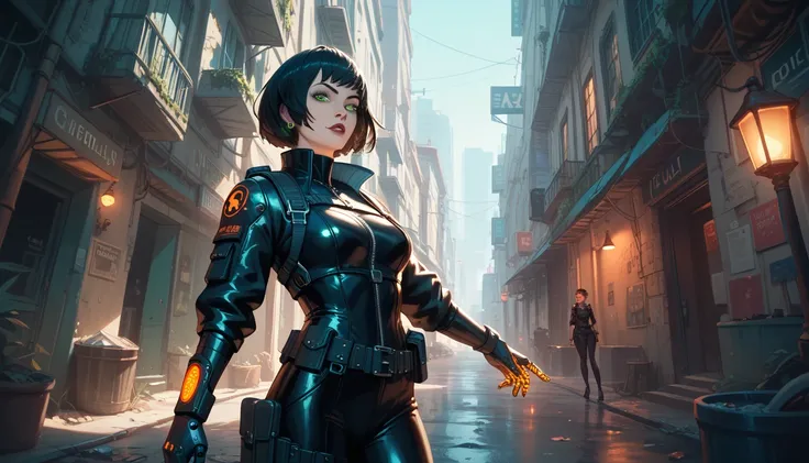 wide angle, 18+ Figures, A vampire with sharp green eyes, short dark hair, and a cybernetic jaw that glows faintly, She wears a tactical leather outfit with glowing circuitry, She lurks under a flickering streetlamp in a deserted futuristic alley.
