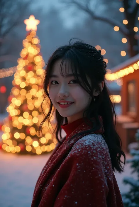  The Christmas tree and illuminations are beautiful。Asian beauty with medium dark hair　smile　Hi-Vision 8k 